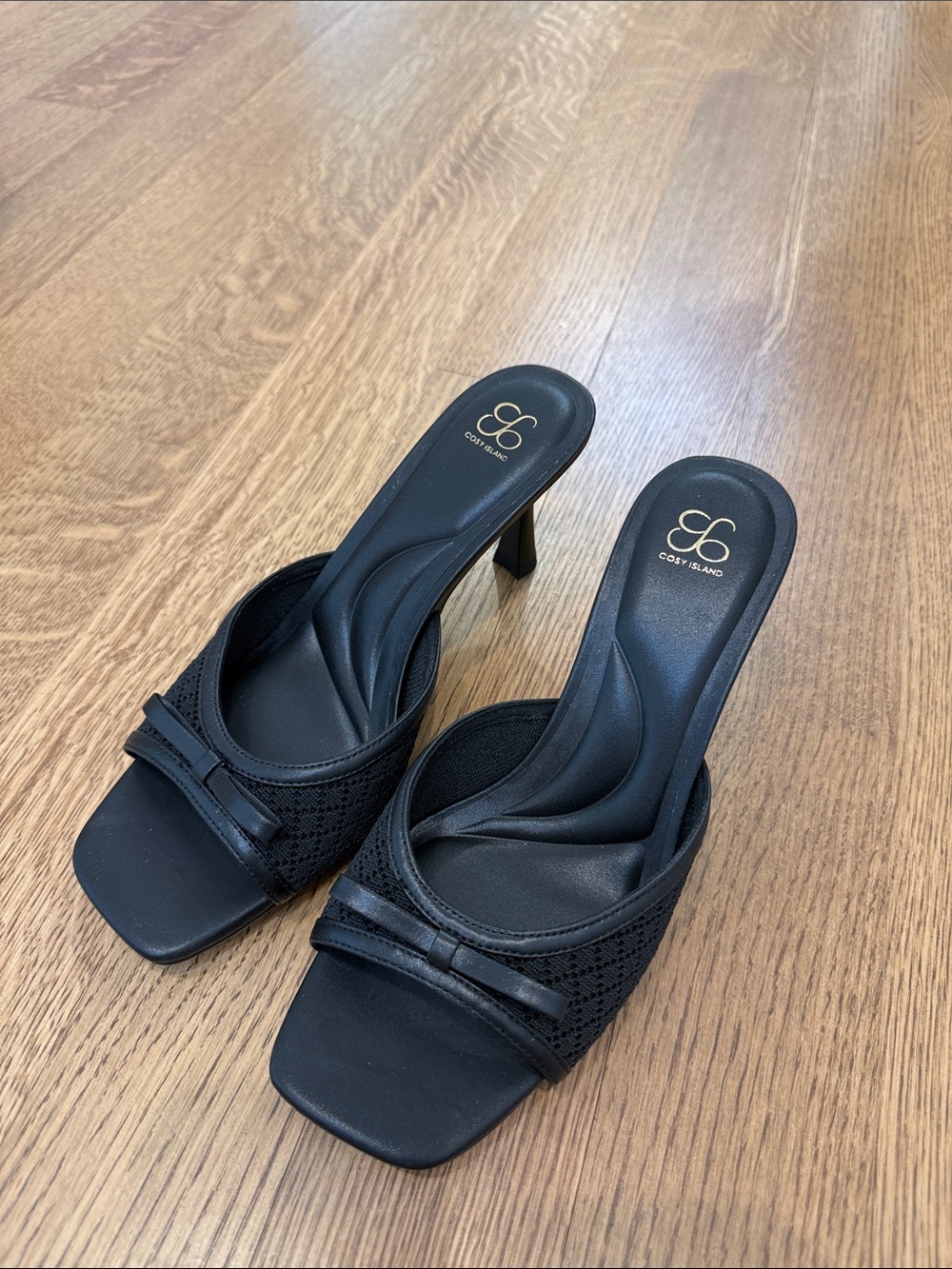 Black Open-Toe Heeled Mules with bows